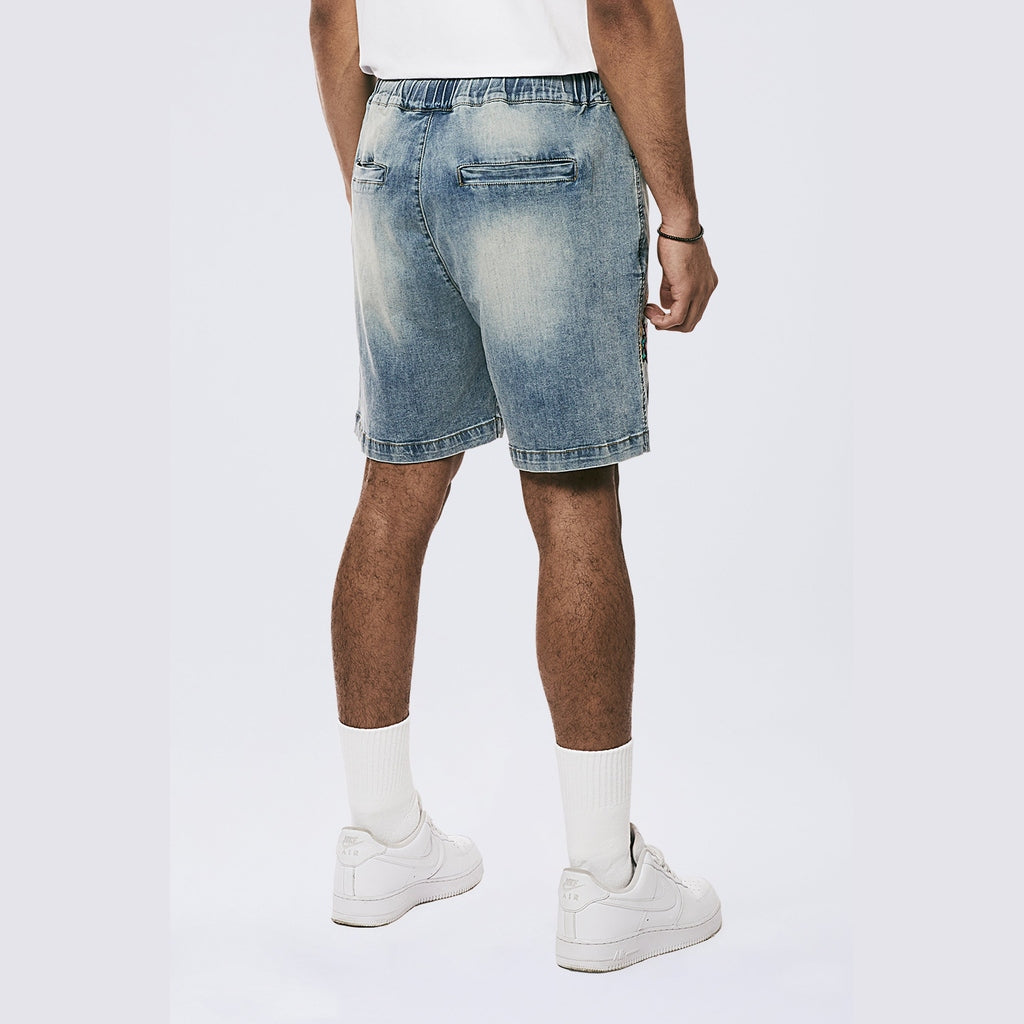 Smoke Rise Tropical Doodle Denim Shorts - Malibu Blue