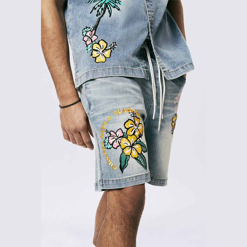 Smoke Rise Tropical Doodle Denim Shorts - Malibu Blue