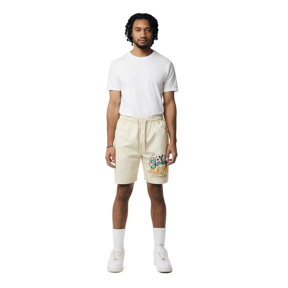 Smoke Rise Fun Graphic Polished Twill Shorts - Ecru
