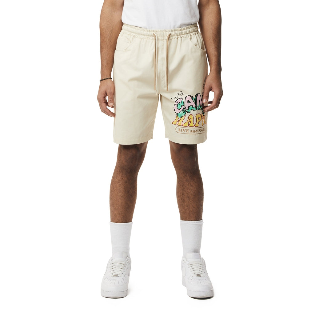 Smoke Rise Fun Graphic Polished Twill Shorts - Ecru