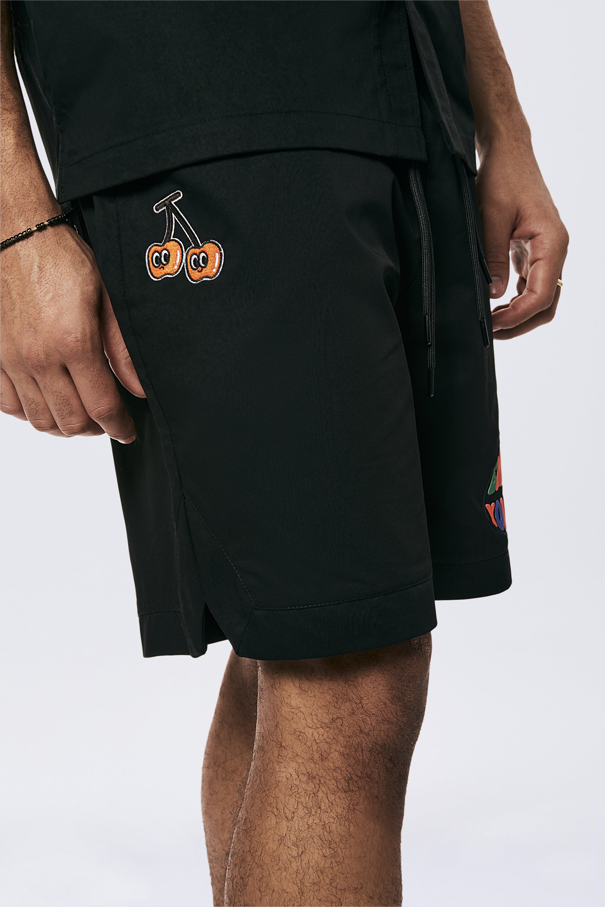 Graphic Heavy Textured Twill Shorts - Black