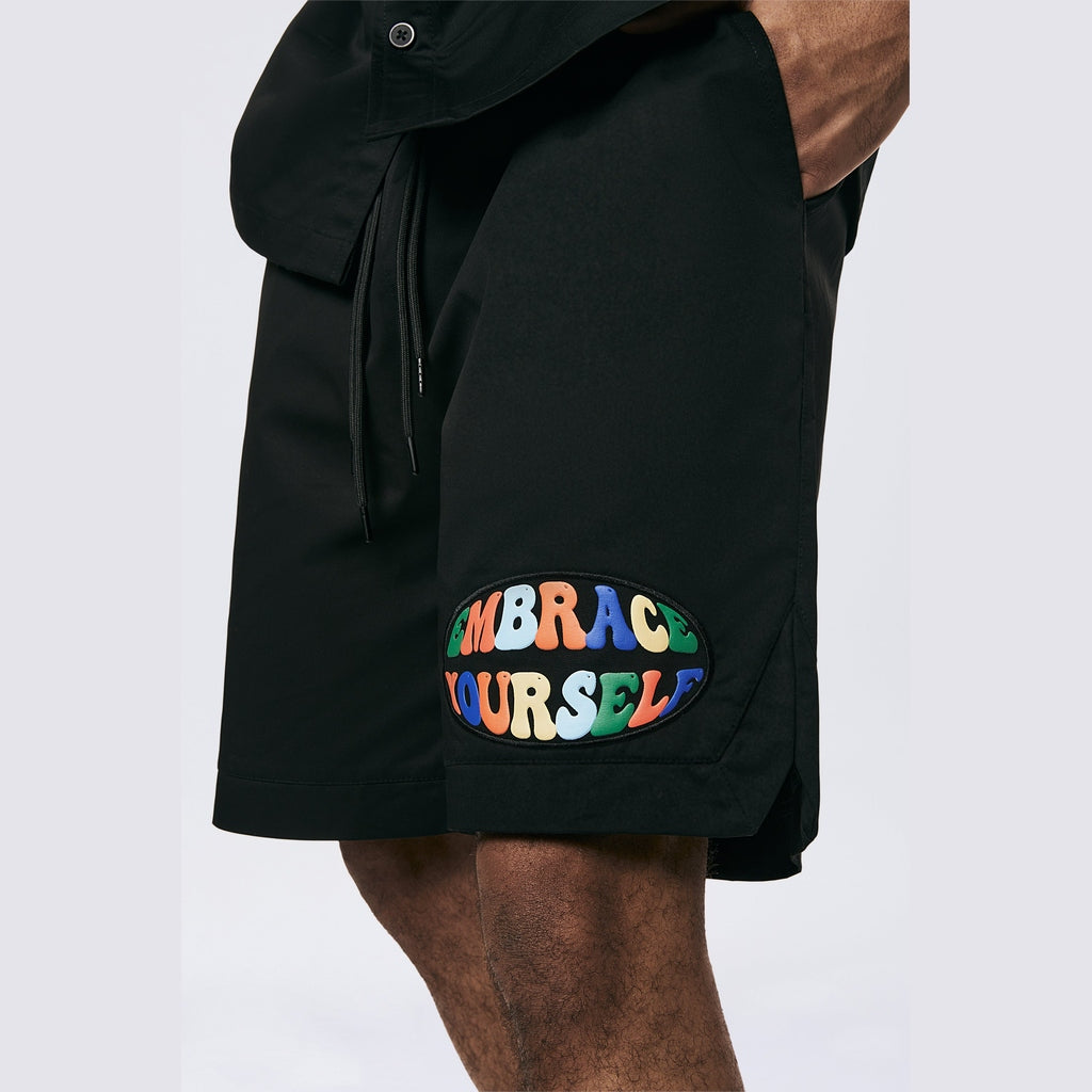 Smoke Rise Graphic Heavy Textured Twill Shorts - Black