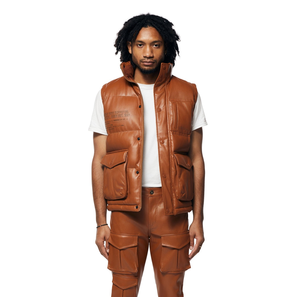 Smoke Rise Utility Vegan Leather Vest - Cognac