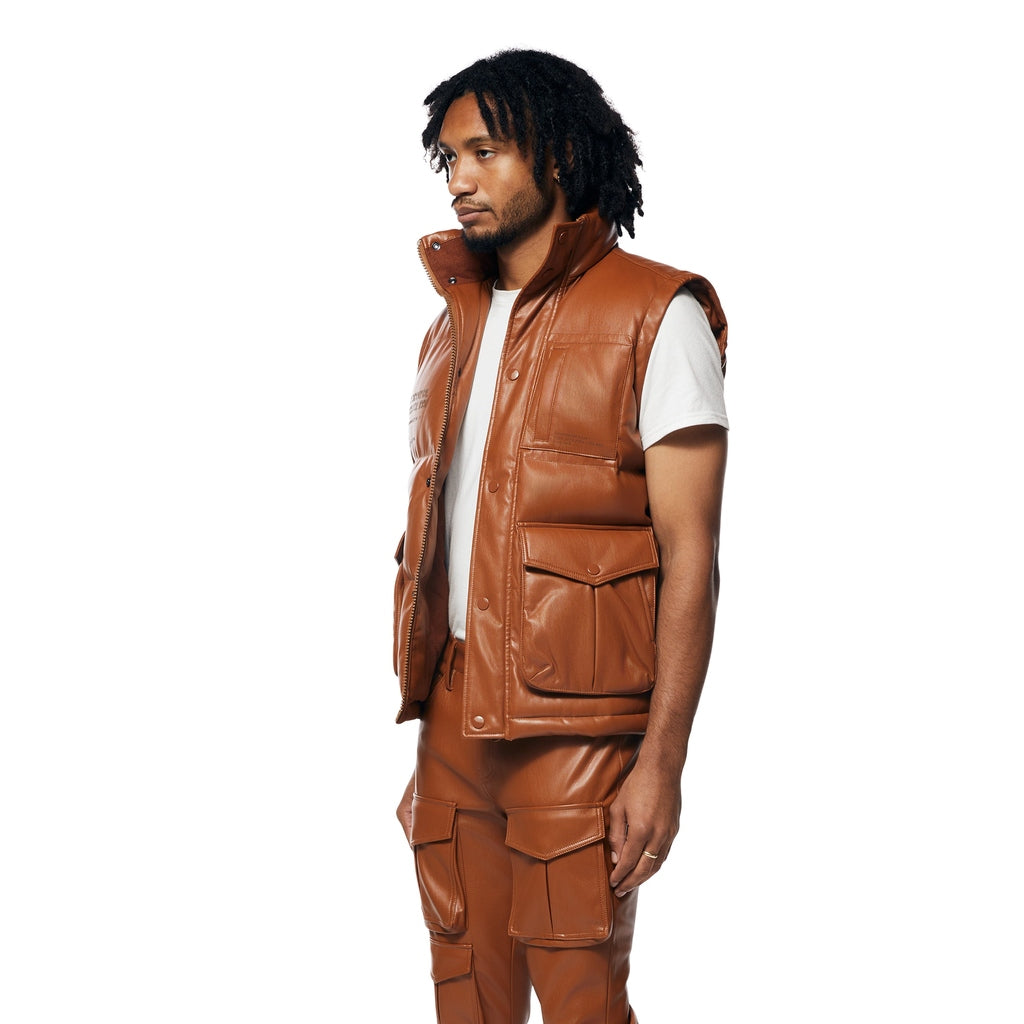 Smoke Rise Utility Vegan Leather Vest - Cognac