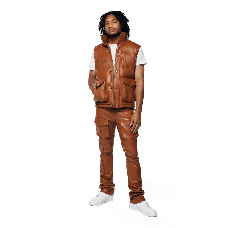 Vegan Leather Stacked Utility Pants - Cognac