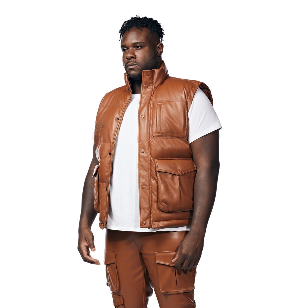 Smoke Rise Big and Tall Big And Tall Utility Vegan Leather Vest - Cognac