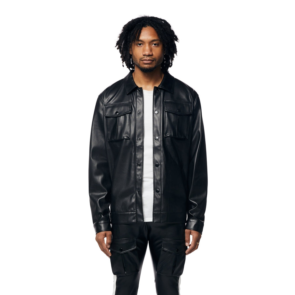 Smoke Rise Vegan Leather Striped Overshirt - Black