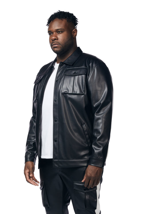 Big And Tall Vegan Leather Striped Overshirt - Black