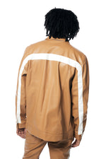 Vegan Leather Striped Overshirt - Tan