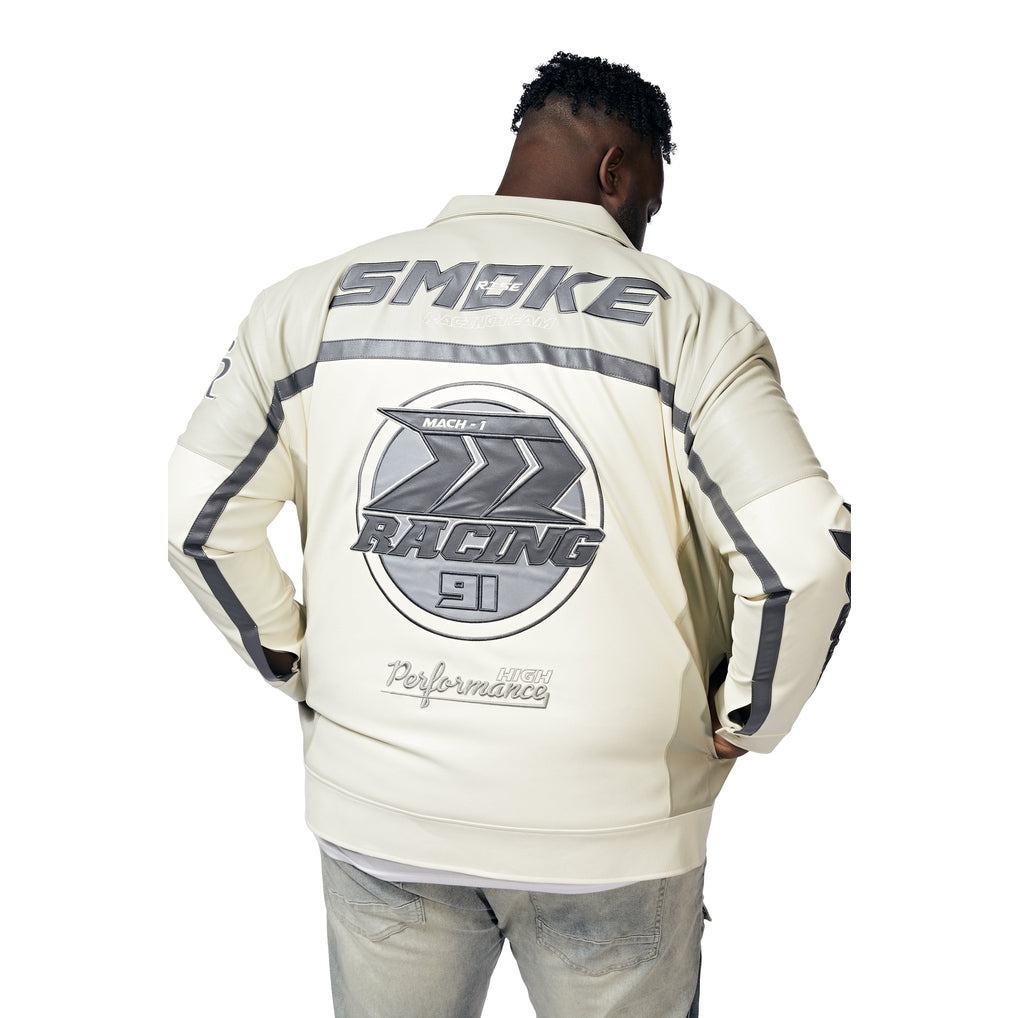 Smoke Rise Big and Tall Big And Tall Vegan Leather Racing Jacket - Light Grey