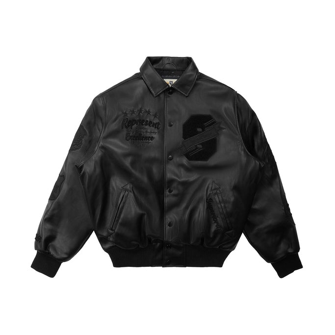 Vegan Leather Varsity Jacket - Black
