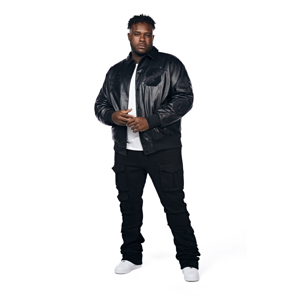 Big And Tall Vegan Leather Varsity Jacket - Black