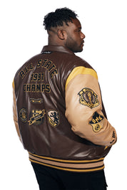 Big And Tall Vegan Leather  Varsity Jacket - Brown