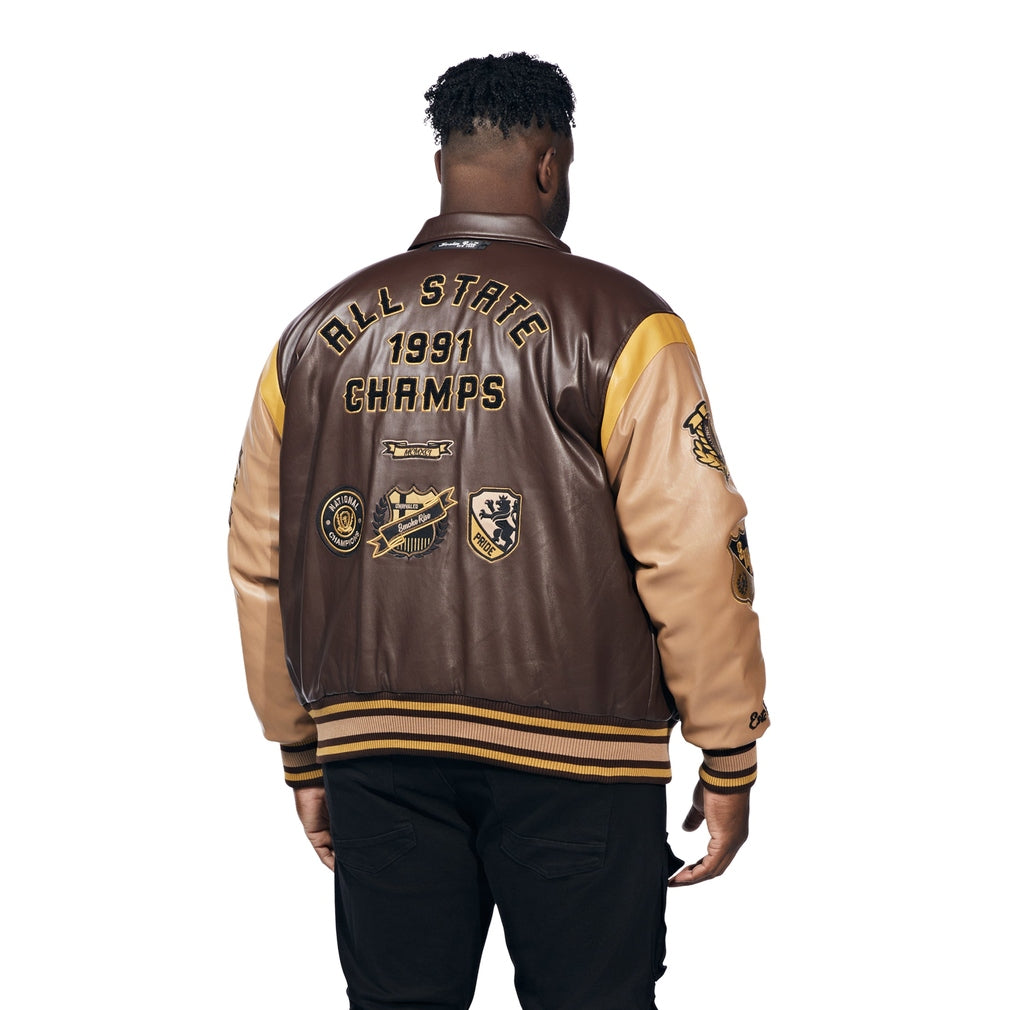 Big And Tall Vegan Leather Varsity Jacket - Brown