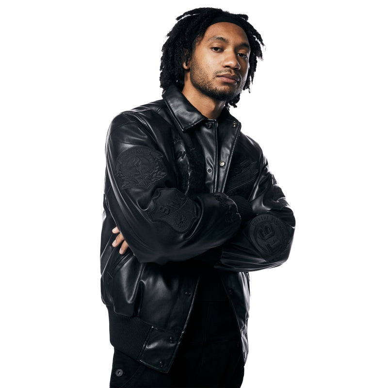 Vegan Leather Varsity Jacket - Black