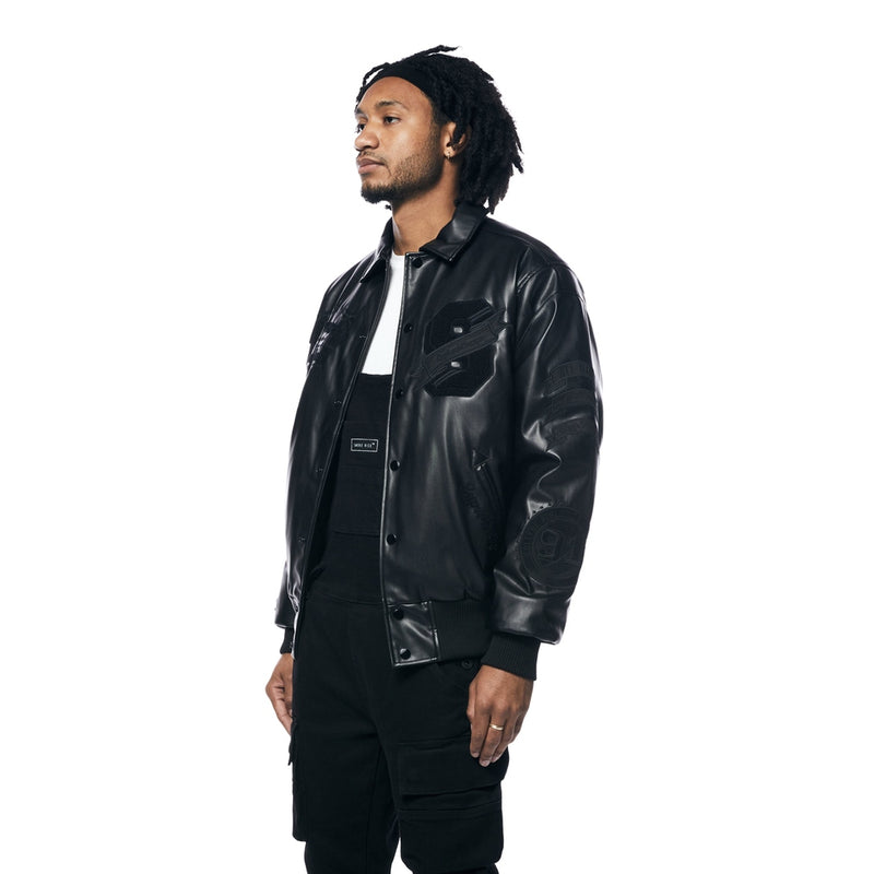 Vegan Leather Varsity Jacket - Black