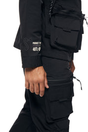 Hooded Full Zip Utility Windbreaker Jacket - Black