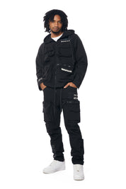Hooded Full Zip Utility Windbreaker Jacket - Black
