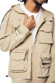 Hooded Full Zip Utility Windbreaker Jacket - Khaki