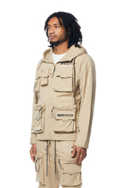 Hooded Full Zip Utility Windbreaker Jacket - Khaki