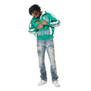 Smoke Rise Laser Striped Stacked Denim Jeans - Osaka Blue