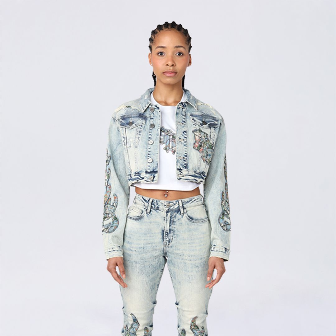 Cropped Tapestry Trucker Jean Jacket