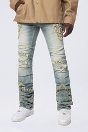 Lazy Stacked Western Studded Denim Jeans - Milky Blue