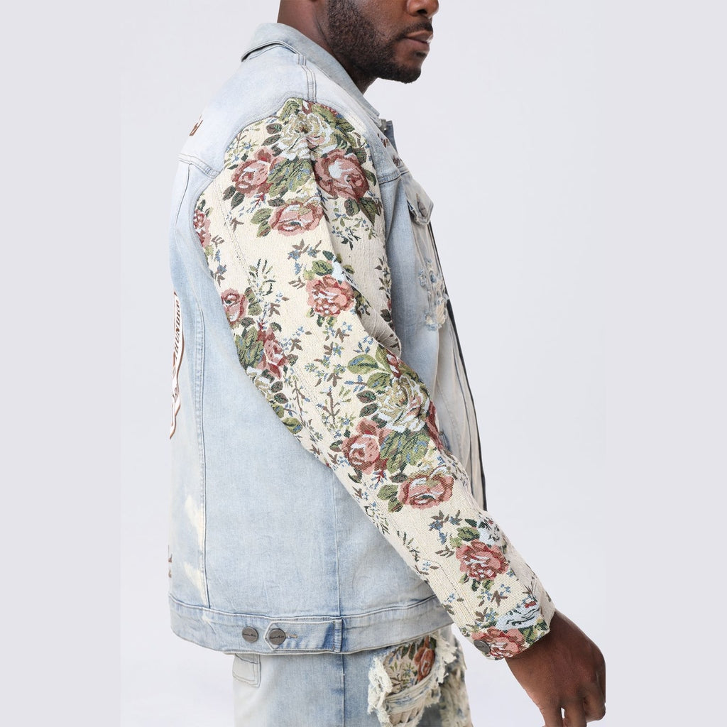 Smoke Rise Big and Tall Big and Tall - Tapestry Sleeve Denim Jacket - Seville Blue