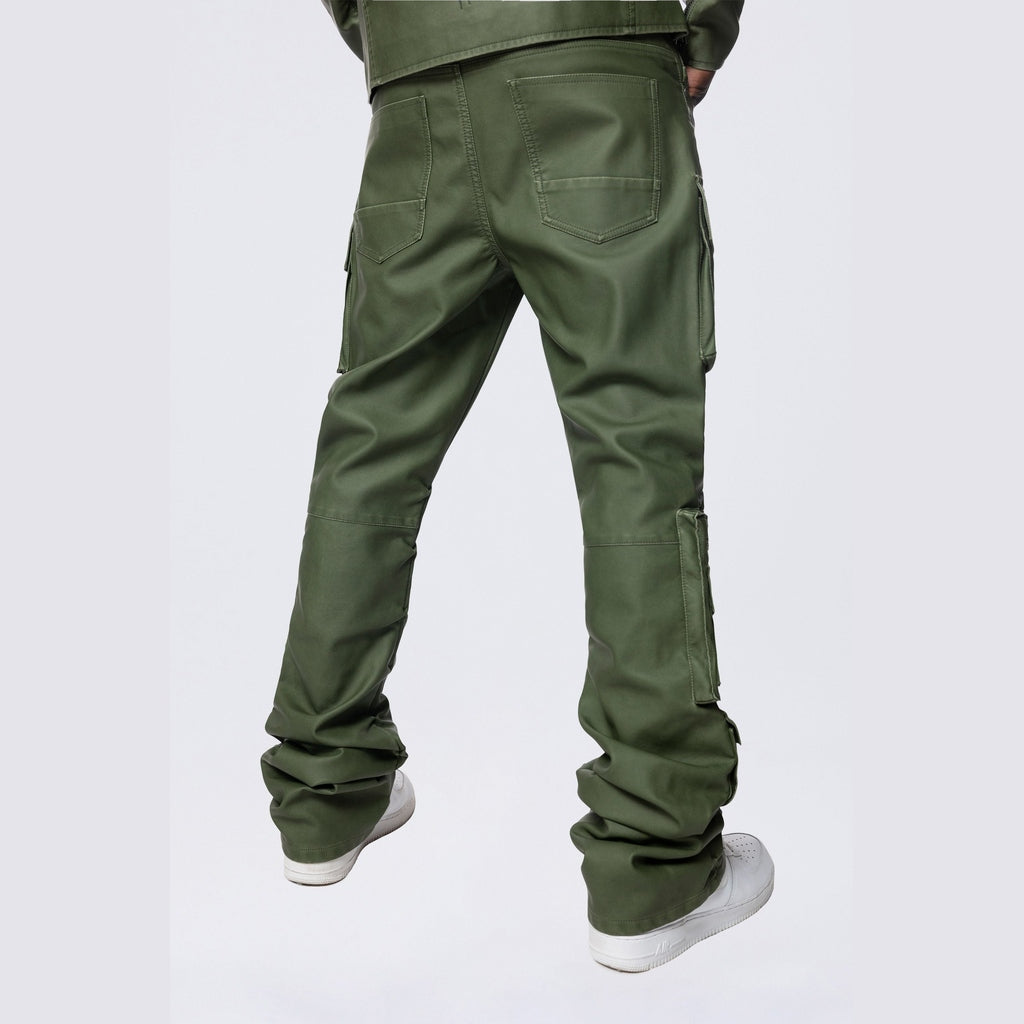 Smoke Rise Stacked Utility Washed Vegan Leather Pants - Washed Deep Olive