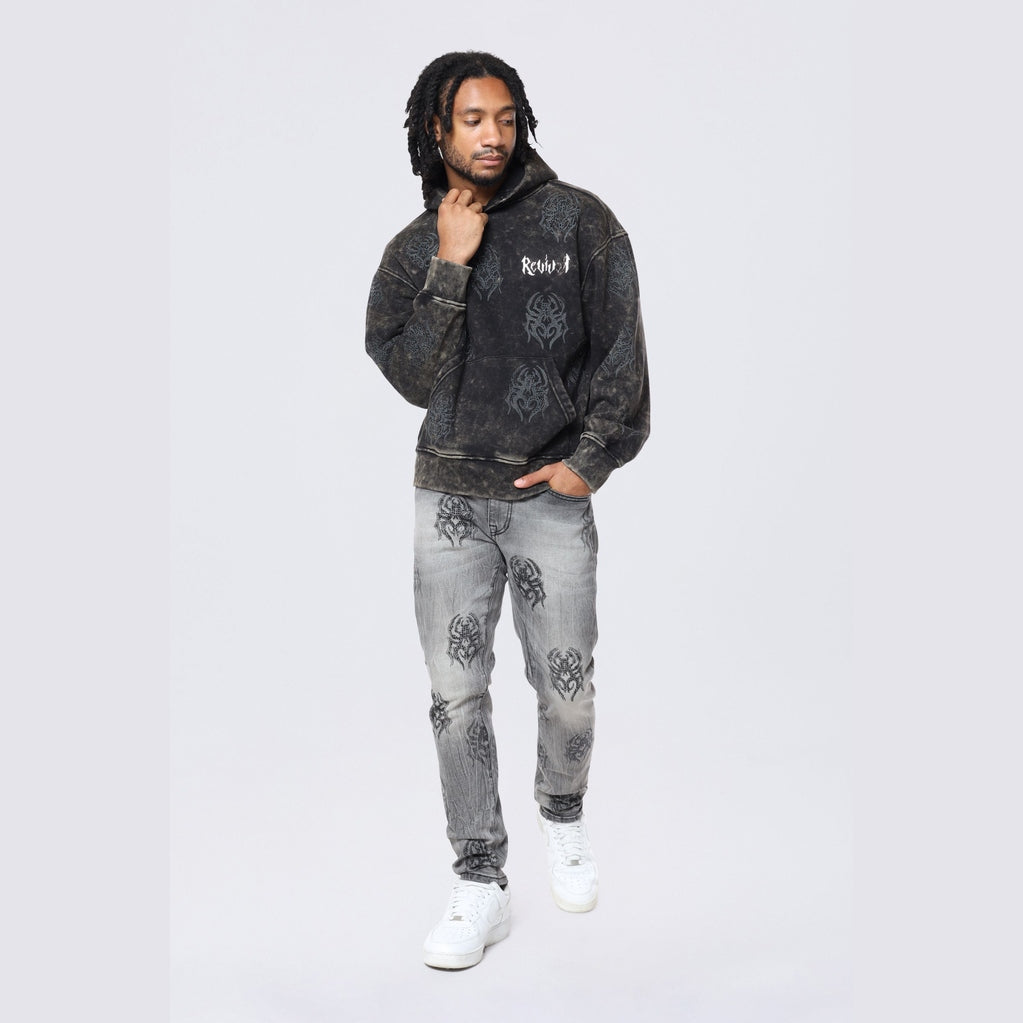 Rhinestone Printed Collar Hoodie - Black - SMOKERISENY.COM