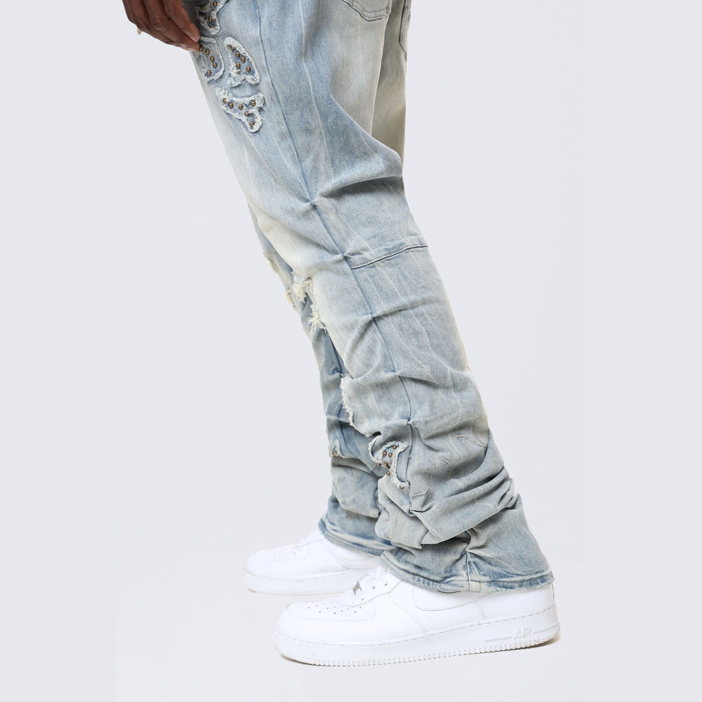 Smoke Rise Big and Tall Big and Tall - Lazy Stacked Western Studded Denim Jeans - Milky Blue