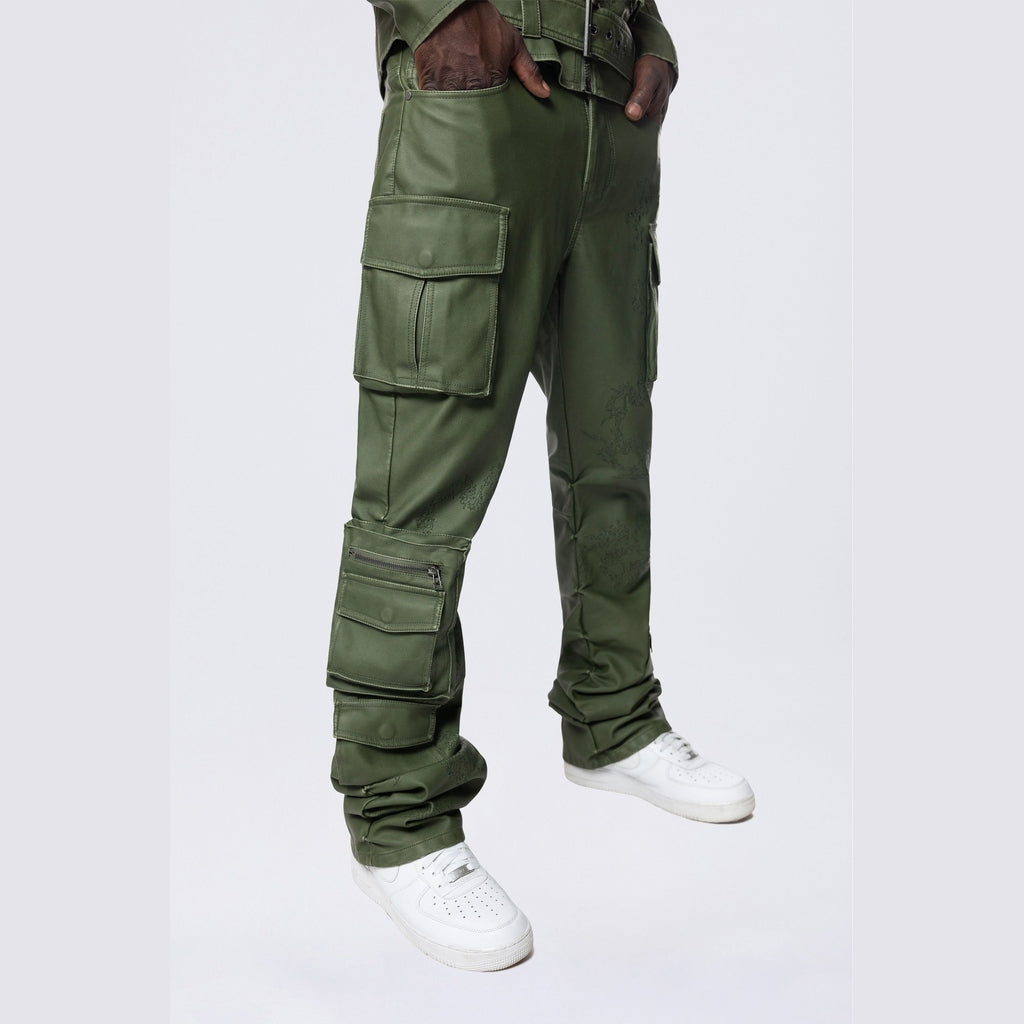 Smoke Rise Stacked Utility Washed Vegan Leather Pants - Washed Deep Olive