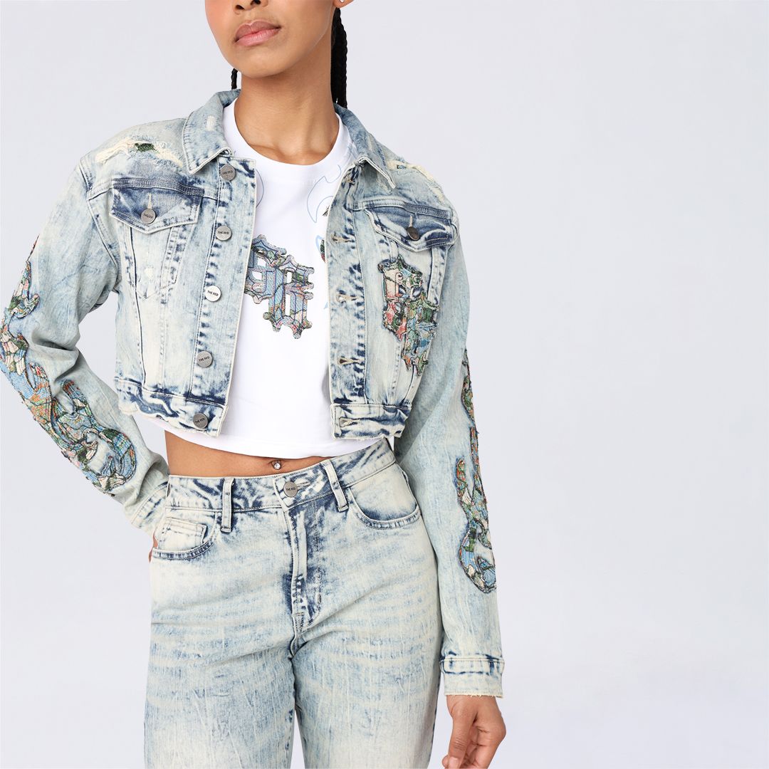 Cropped Tapestry Trucker Jean Jacket