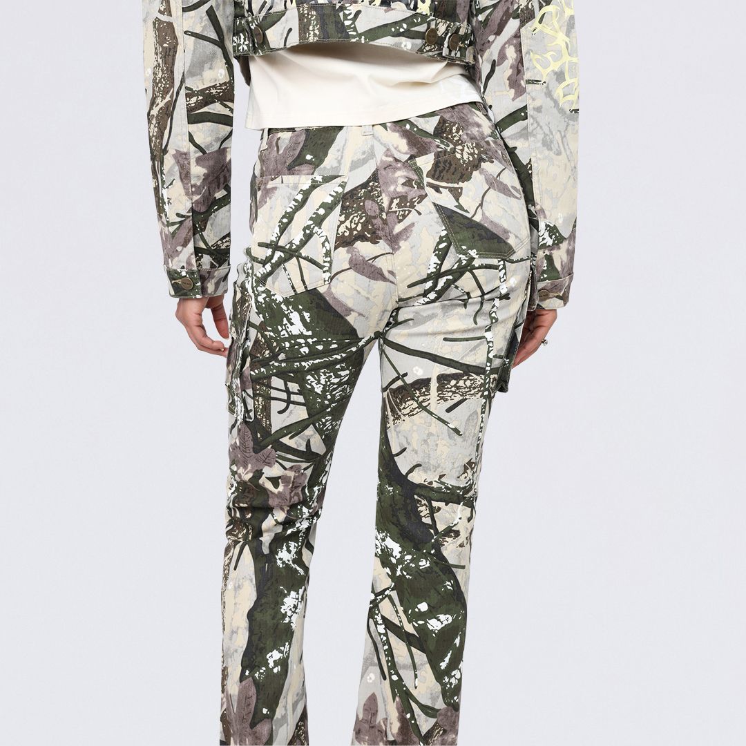 High Rise Stacked Dystopia Printed Cargo Twill Pants