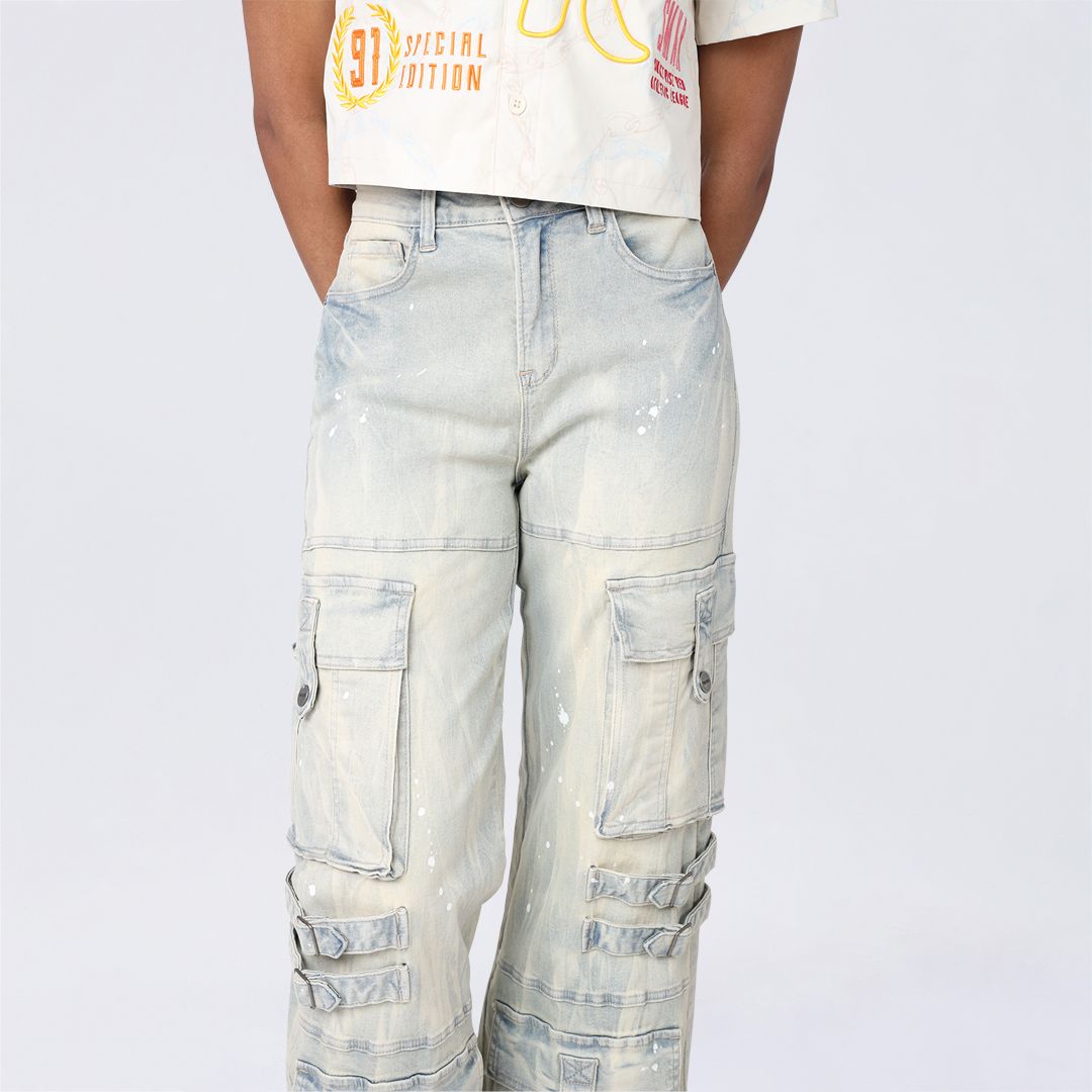 High Rise Wide Leg Mult Pocket Jeans