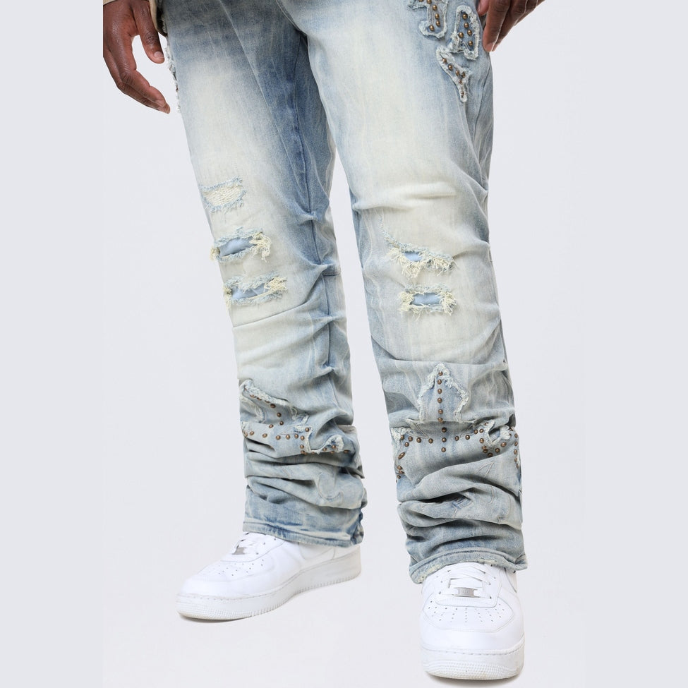 Smoke Rise Big and Tall Big and Tall - Lazy Stacked Western Studded Denim Jeans - Milky Blue