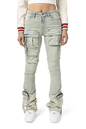 High Rise Cargo Stacked Denim Jeans - Ombre Blue