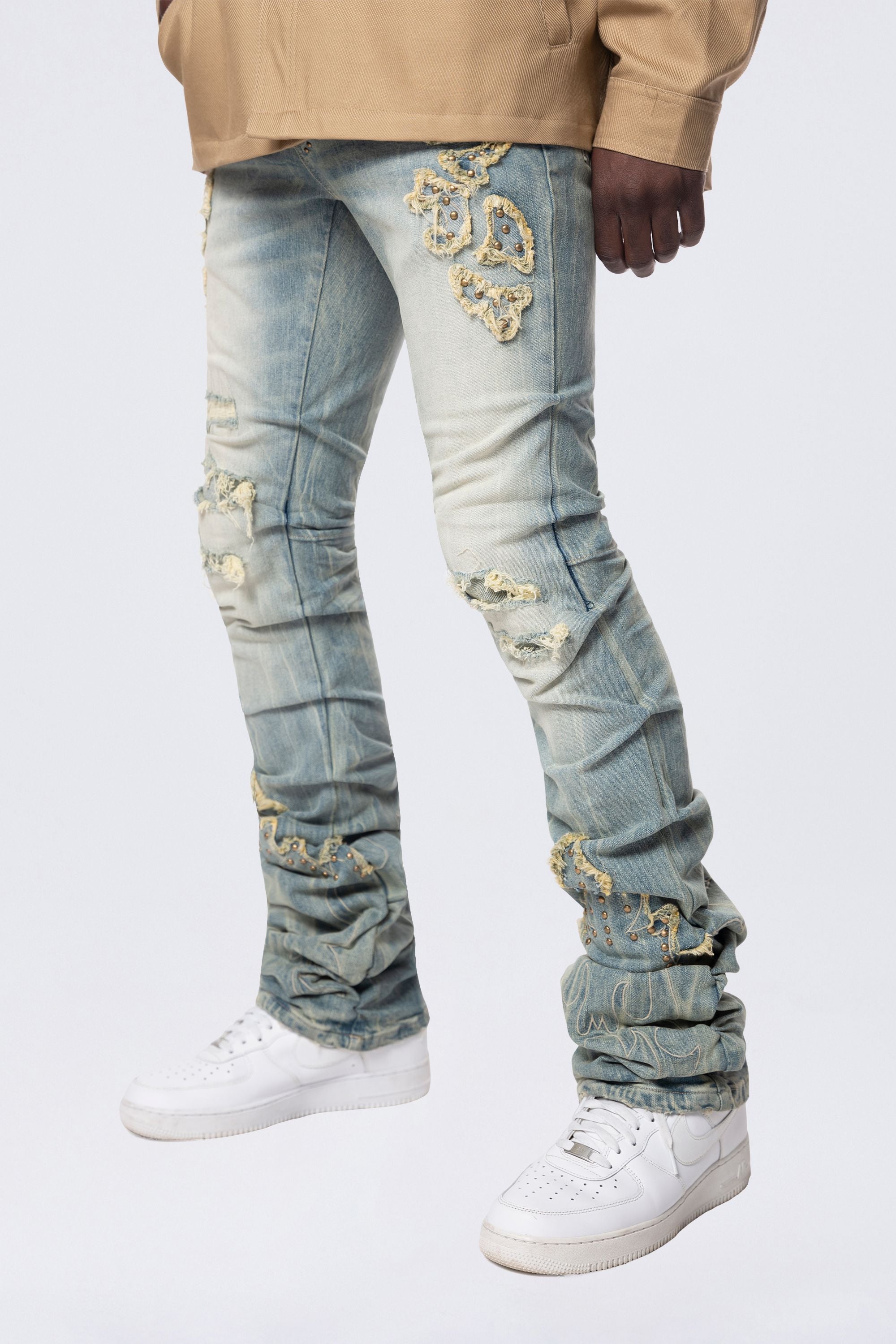 Lazy Stacked Western Studded Denim Jeans - Milky Blue