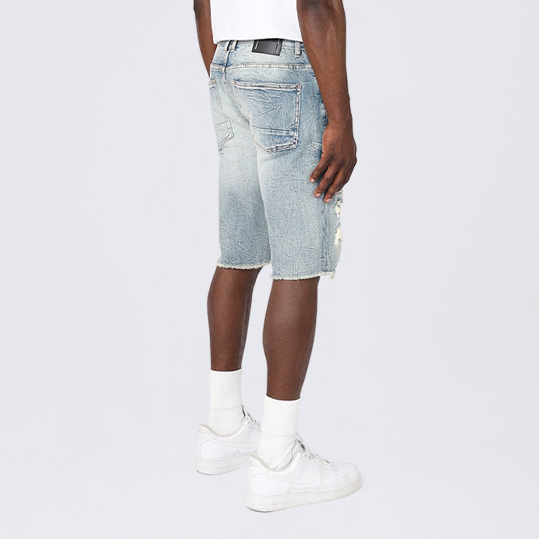 Slim Distressed Rip & Repair Jean Shorts - Rhodes Blue