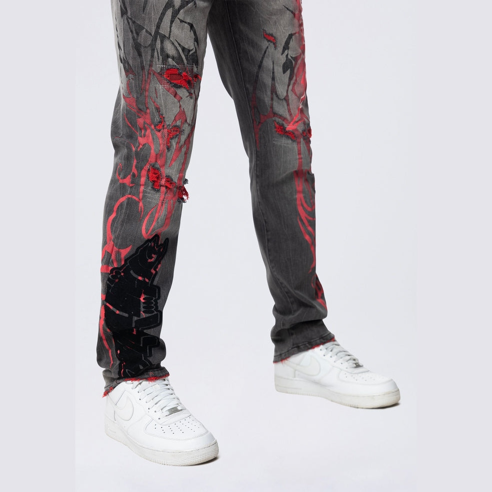 Smoke Rise Long Slim Tribal Print R&R Jean - Orca Grey