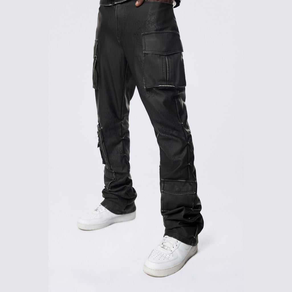 Smoke Rise Stacked Utility Washed Vegan Leather Pants - Washed Black