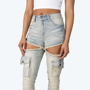 High Rise Stacked Cut Out Jeans - Seville Blue