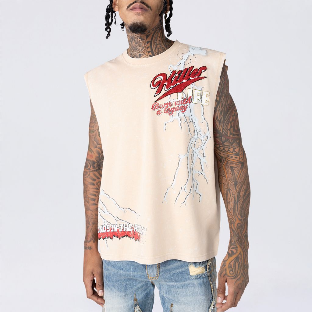 Dropped Shoulder Dystopia Rhinestone Killer Life Muscle T-Shirt