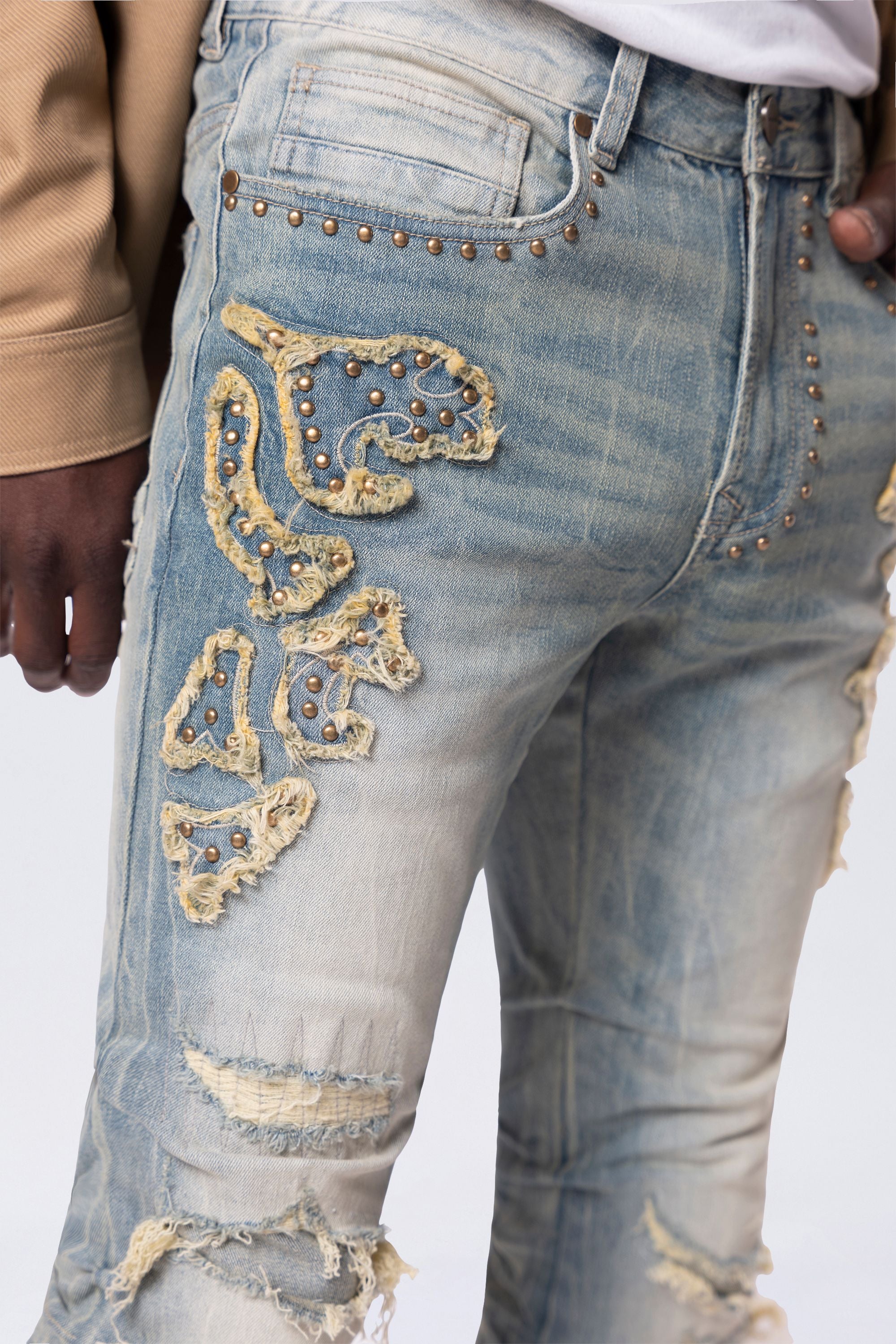 Lazy Stacked Western Studded Denim Jeans - Milky Blue