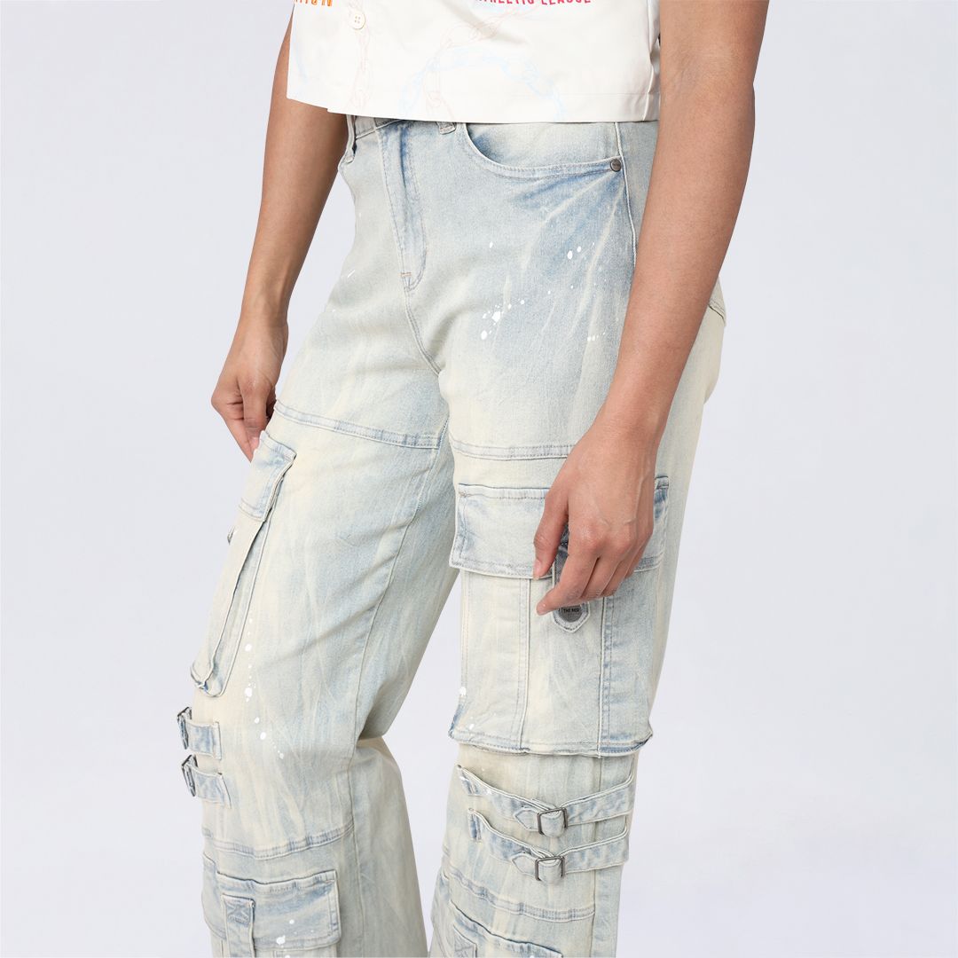 High Rise Wide Leg Mult Pocket Jeans