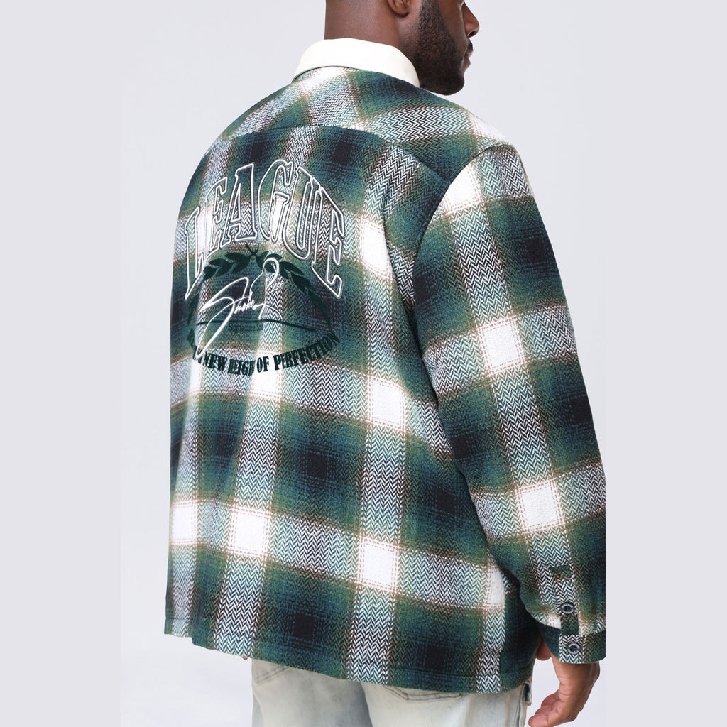 Smoke Rise Big and Tall Big and Tall - Vegan Leather Collar Plaid Shacket - Spruce