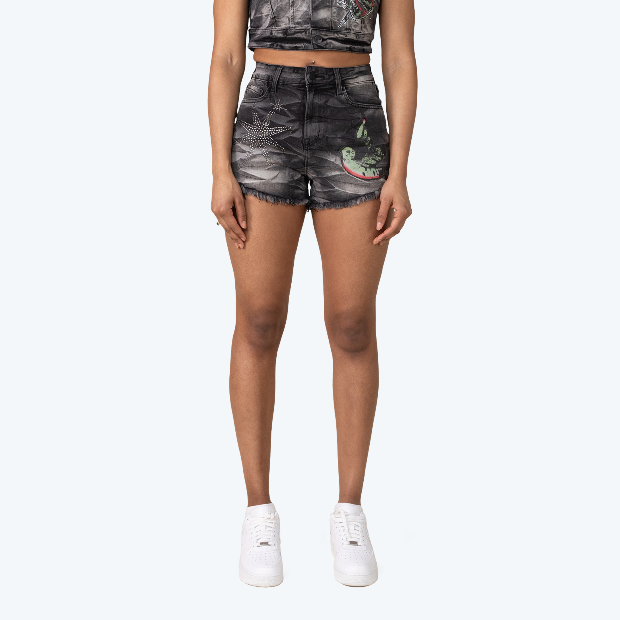 Mid Rise Graphic Jean Shorts - Gail Black