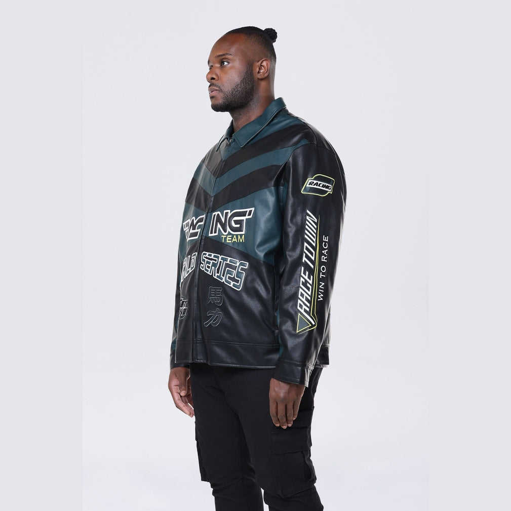 Smoke Rise Big and Tall Big and Tall - Vegan Leather Racing Jacket - Teal