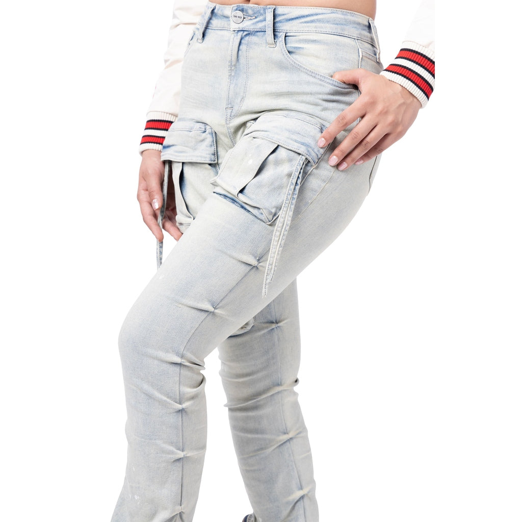 Smoke Rise RED High Rise Cargo Stacked Denim Jeans - Ombre Blue