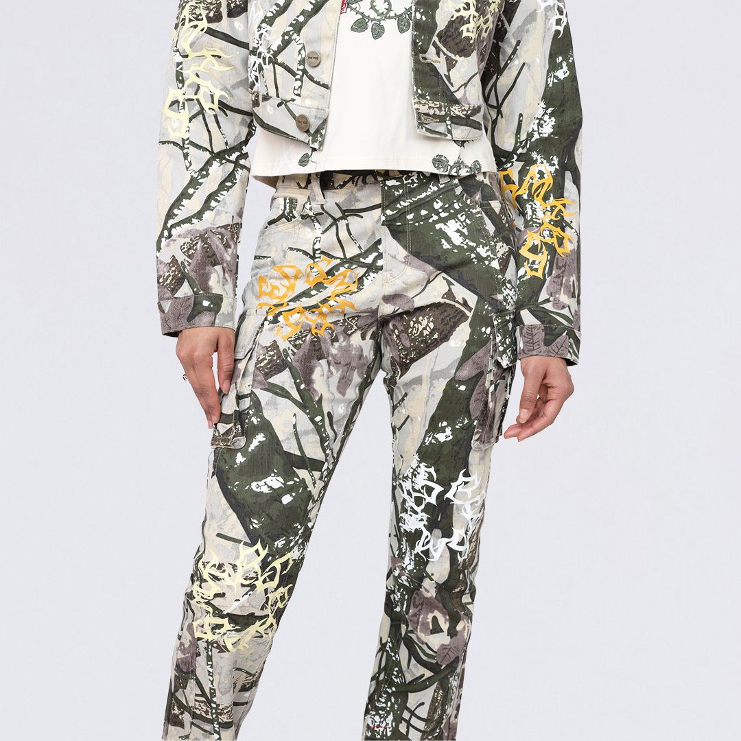 High Rise Stacked Dystopia Printed Cargo Twill Pants